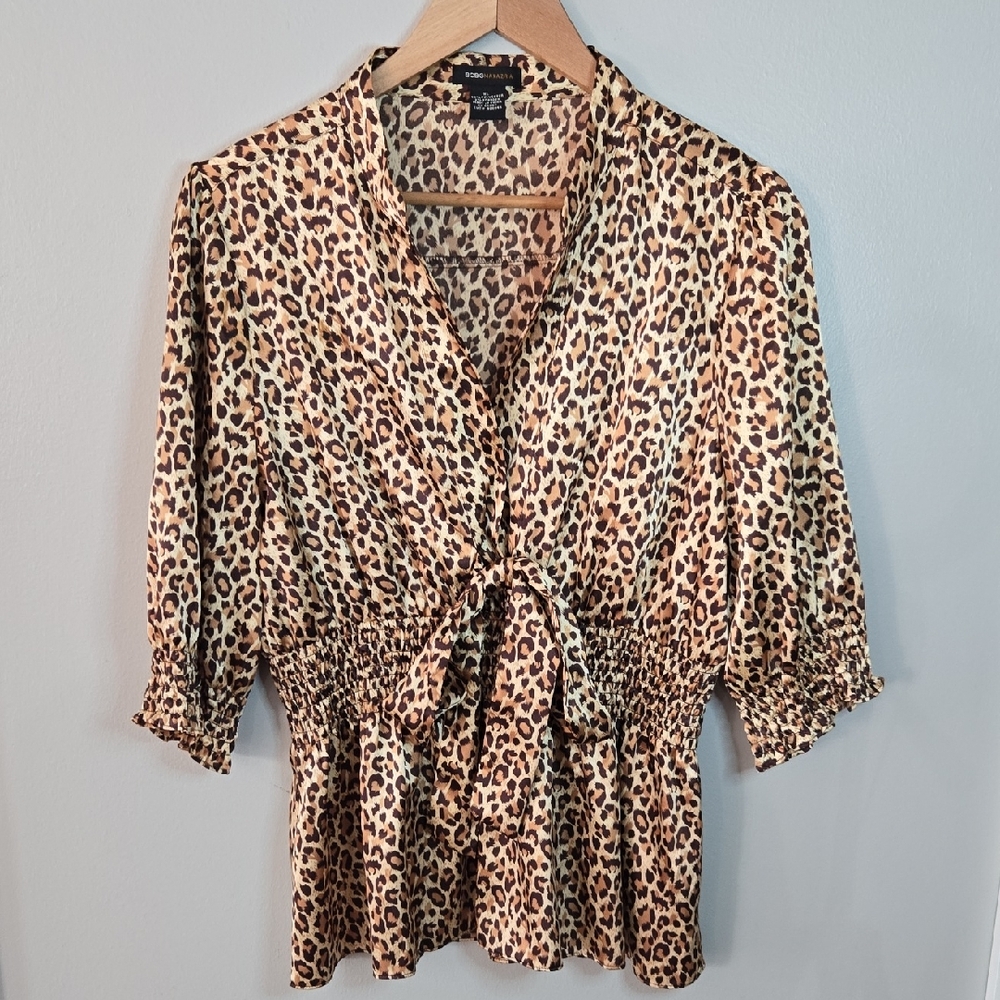 BCBG MaxAzria Women's XL Leopard Print Silky Deep Vee Elastic Waist Top